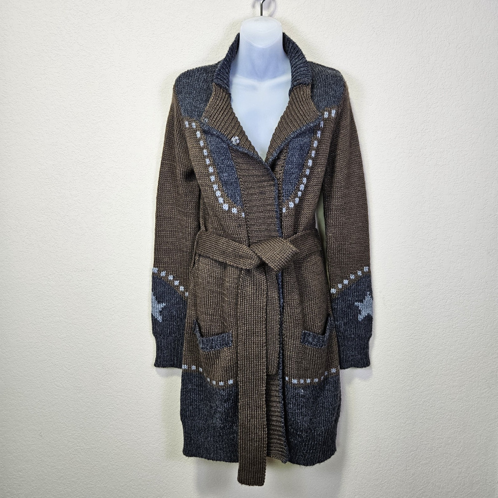 Stetson Longhorn Cardigan Sweater Womens S Brown Long Aztec Belted Cowgirl Coat